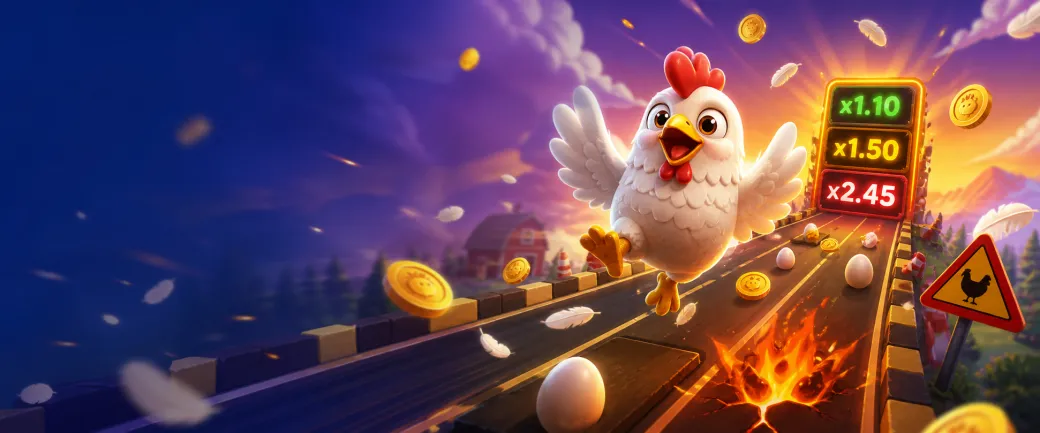Dynamic promotional banner for Chicken Road slot featuring playful chicken theme with road elements, coins, and arcade energy